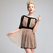 Robe Dentelle Manche Longues Décolleté Couches Superposées (Beige et Noir)