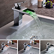 Poignée en laiton massif contemporaine LED simple Salle de bain évier cascade robinet chromé
