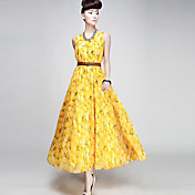 Women's Round Collar Fruit Print Maxi Dresses With Belt