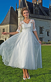  une ligne-v-cou cheville-longueur robe de mariée en dentelle organza