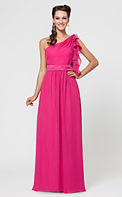 gaine / colonne d'un étage longueur robe de demoiselle d'honneur en mousseline de soie et satin épaule avec cascade volants