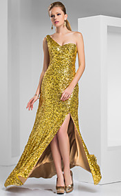  gaine / colonne une épaule balayage / pinceau train de robe de soirée à paillettes