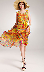 Mousseline de soie ceinturée Robe longue d'impression de femmes