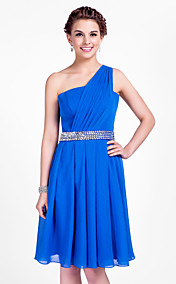 une ligne un genou longueur robe de demoiselle d'honneur de mousseline de soie épaule