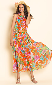 ts impression sans manches robe en mousseline de soie ceinturée midi