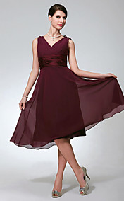 Une ligne de v-cou genou longueur chiffon robe de soirée de demoiselle d'honneur / mariage