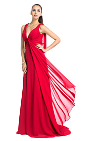  gaine / colonne v-cou balayage / pinceau train robe de soirée en mousseline de soie