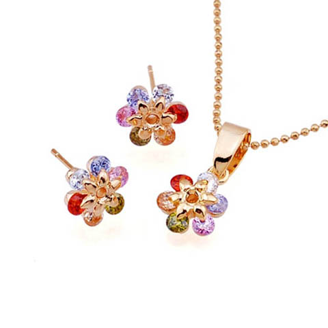 geel goud edelsteen bloem stud oorbellen + hanger set (pyx2-0036 (s))