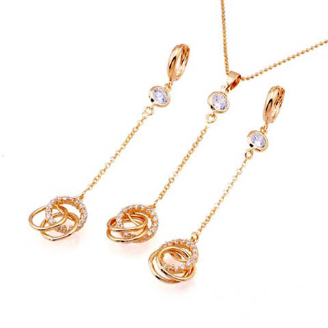 geel goud kubieke zirkoon triple ring druppel hanger + oorbellen set (SYX-0156)