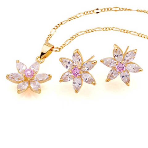 geel goud multi-kubieke zirkoon bloem stud oorbellen + hanger set (gg1208) (vanaf 3 eenheden)