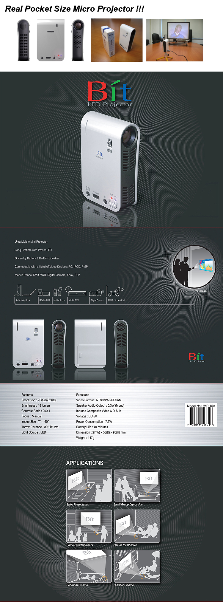 Original BIT LED Portable Projector - Pocket projector - Mini Projector (Korea)