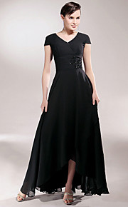 Sheath/ Column V-neck Asymmetrical Elastic Woven Satin Chiffon Mother of the Bride Dress