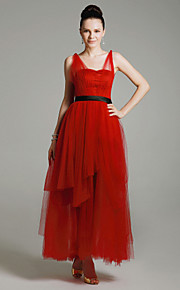 Tulle Satin A-line Straps Tea-length Evening Dress inspired by Mila Kunis at Emmy Award