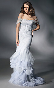 Satin Tulle Trumpet/ Mermaid Off-the-shoulder Floor-length Evening Dress inspired by Heidi Klum at Golden Globe