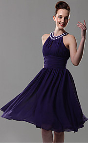 A-line Halter Knee-length Chiffon Matte Satin Bridesmaid/ Wedding Party Dress