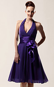 A-line Halter Knee-length Chiffon Matte Satin Bridesmaid/ Wedding Party Dress