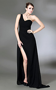 Column One Shoulder Sweep Train Chiffon Elastic Woven Satin Evening Dress inspired by Jennifer Aniston at Golden Globe 