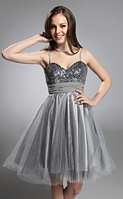 A-line Spaghetti Straps Knee-length Sequined Taffeta Tulle Cocktail Dress