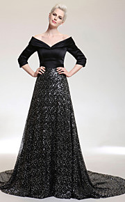 A-line V-neck Court Train Satin Sequined Evening Dress inspired by Oprah Winfrey at the 83rd Oscar