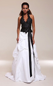 A-line Halter Sweep/ Brush Train Taffeta Satin Evening/ Prom Dress