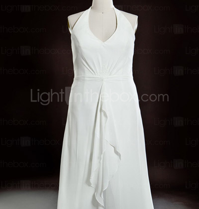 Sheath/ Column Halter Asymmetrical Chiffon Over Satin Plus Size Wedding Dress