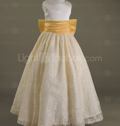 A-line Scoop Floor-length Satin And Lace Flower Girl Dress