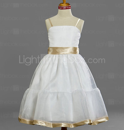 A-line Spaghetti Straps Tea-length Satin Tulle Junior Bridesmaid Dress A-line Spaghetti Straps Tea-length Satin Tulle Junior Bridesmaid Dress