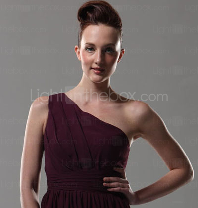Sheath/ Column One Shoulder Knee-length Chiffon Over Elastic Satin Bridesmaid Dress