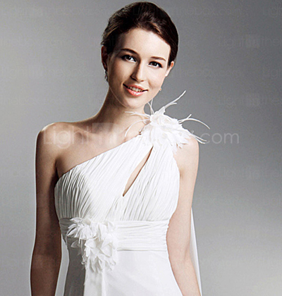 Sheath/ Column One Shoulder Court Train Chiffon Over Satin Wedding Dress with 3D Flowers