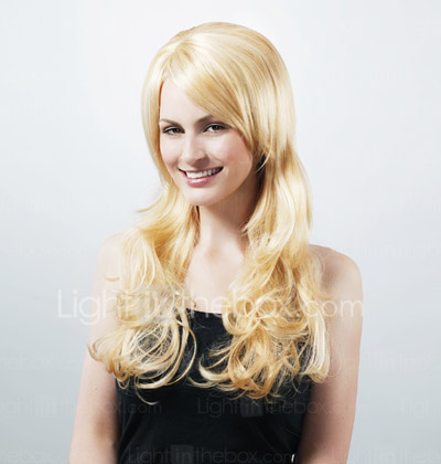 Capless extra lange hoge kwaliteit synthetische aard kijken licht blond krullend haar pruik Capless extra lange hoge kwaliteit synthetische aard kijken licht blond krullend haar pruik