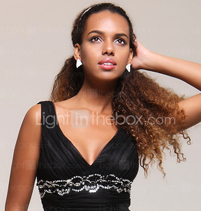 A-line V-neck Court Train Satin Tulle Evening Dress