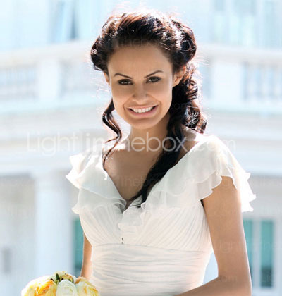 Sheath/ Column V-neck Floor-length Chiffon Elastic Satin Wedding Dress