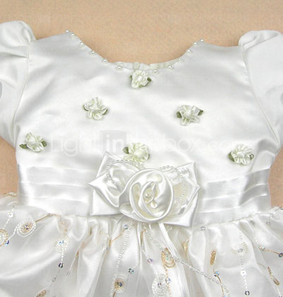 A-line Jewel Knee-length Satin Yarn With Flower/ Beading Flower Girl Dress