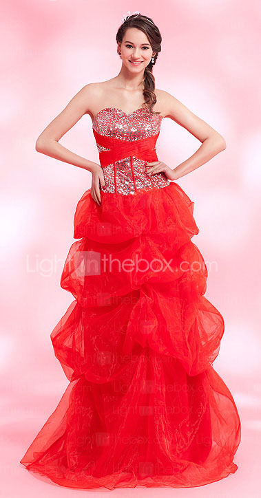 A-line Sweetheart Floor-length Satin Organza Evening Dress