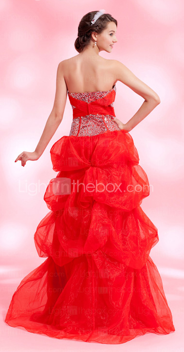 A-line Sweetheart Floor-length Satin Organza Evening Dress