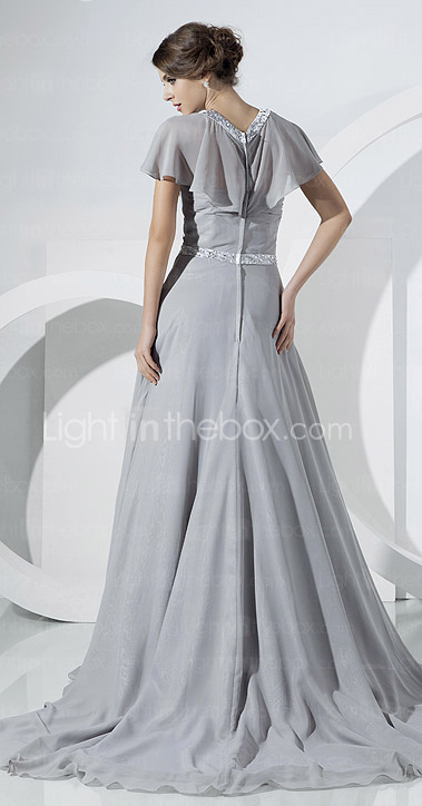 A-line V-neck Sweep/Brush Train Chiffon Evening Dress
