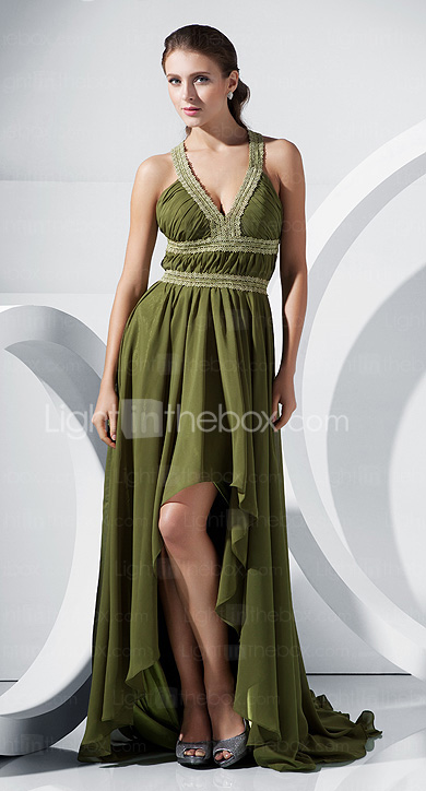 Sheath/Column V-neck Asymmetrical Chiffon Evening Dress 