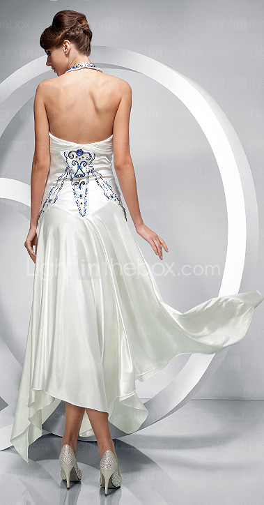 A-line Halter Asymmetrical Elastic Silk-like Satin Evening Dress
