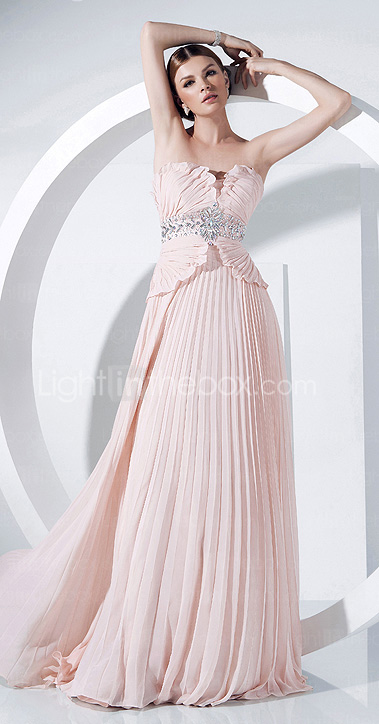 Chiffon Sheath/Column Strapless Sweep/Brush Train Evening Dress