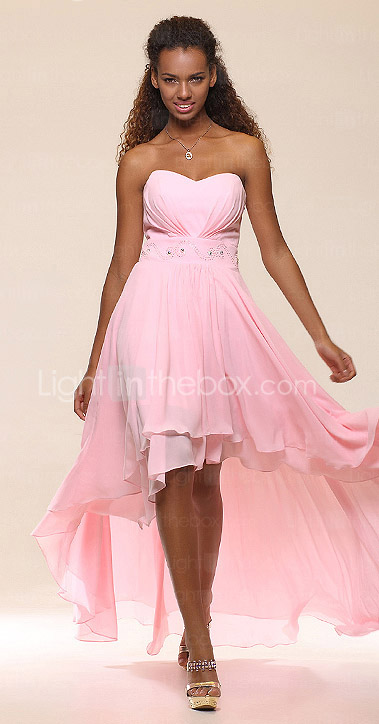 High Low Sweetheart Chiffon Evening Dress With Beadings