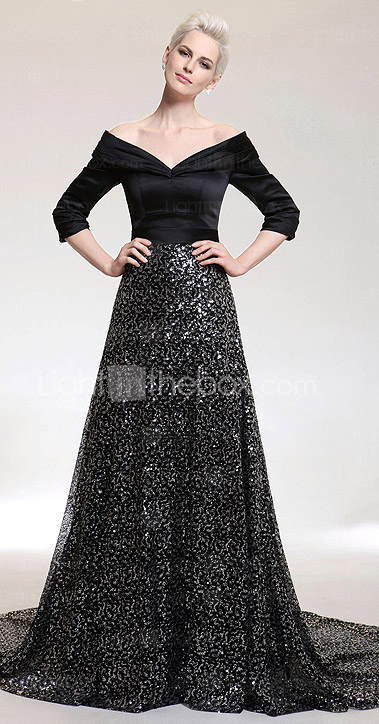 A-line V-neck Court Train Satin And Sequined Evening Dress inspired by Oprah Winfrey at the 83rd Oscar A-line V-neck Court Train Satin And Sequined Evening Dress inspired by Oprah Winfrey at the 83rd Oscar