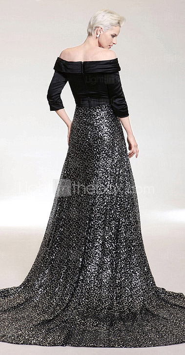 A-line V-neck Court Train Satin And Sequined Evening Dress inspired by Oprah Winfrey at the 83rd Oscar A-line V-neck Court Train Satin And Sequined Evening Dress inspired by Oprah Winfrey at the 83rd Oscar