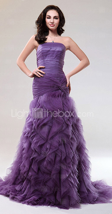Trumpet/Mermaid Strapless Court Train Tulle Evening Dress With Cascading Ruffles 