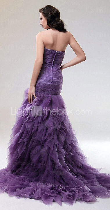 Trumpet/Mermaid Strapless Court Train Tulle Evening Dress With Cascading Ruffles 