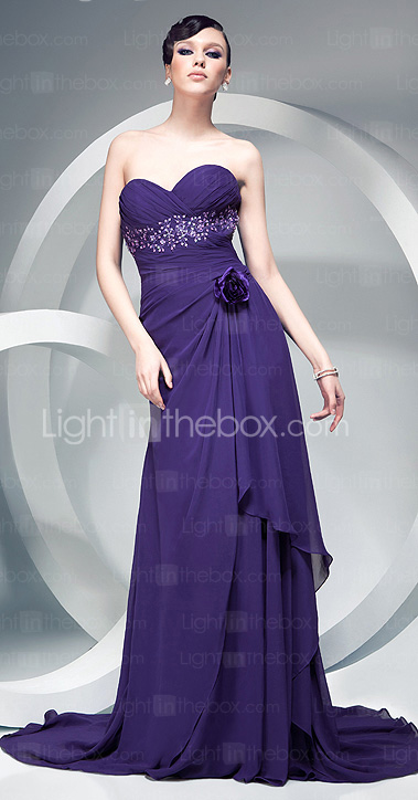 Sheath/Column Chiffon Over Elastic Silk-like Satin Evening Dress With Flowers And Court Train