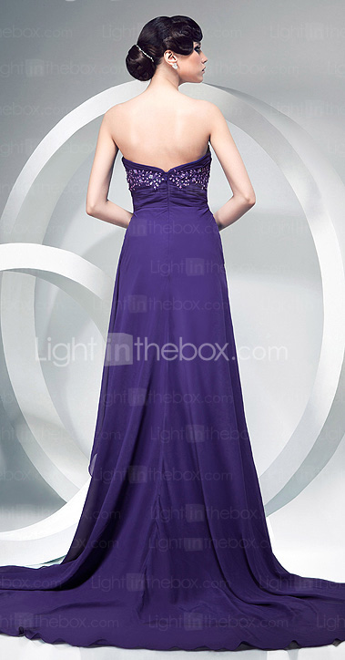 Sheath/Column Chiffon Over Elastic Silk-like Satin Evening Dress With Flowers And Court Train