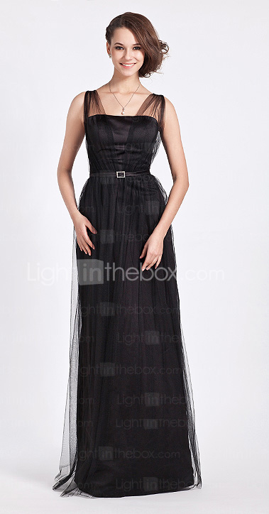 Sheath/Column Floor-length Tulle And Satin Bridesmaid Dress With Straps Sheath/Column Floor-length Tulle And Satin Bridesmaid Dress With Straps
