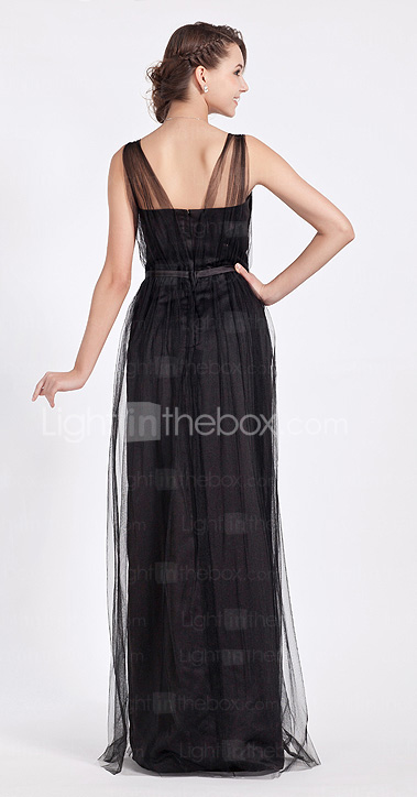 Sheath/Column Floor-length Tulle And Satin Bridesmaid Dress With Straps Sheath/Column Floor-length Tulle And Satin Bridesmaid Dress With Straps