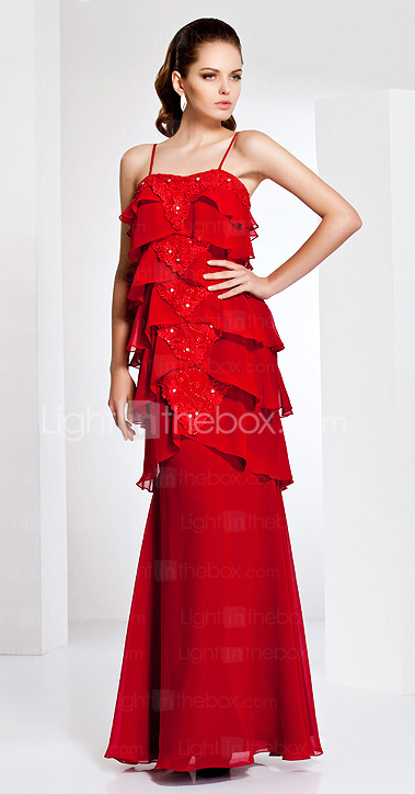 Sheath/Column Spaghetti Strap Chiffon And Lace Evening Dress