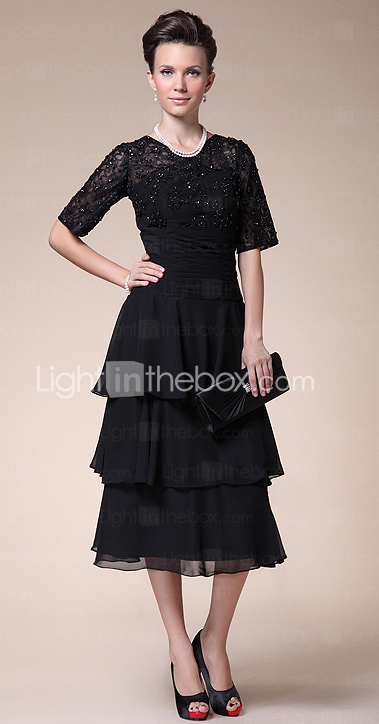 A-line Jewel Tea-length Chiffon Mother of the Bride Dress